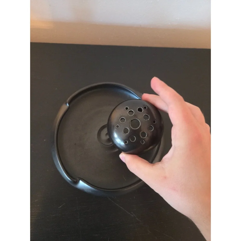 Vintage Ikebana Black Ceramic Japanese Floral Arrangement Dish Vase w/ Frog 7''